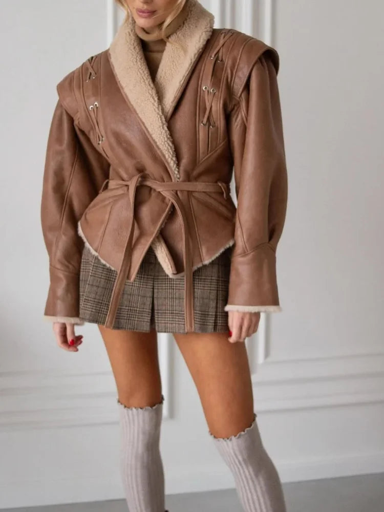 Braune Lederjacke Mit Pelz Und Gürtel – Velloura