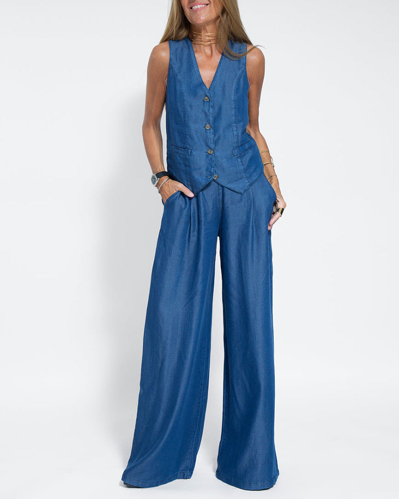 Echoarchiv | Elegantes 2-Teiliges Set Leinen Weite Hose & Weste