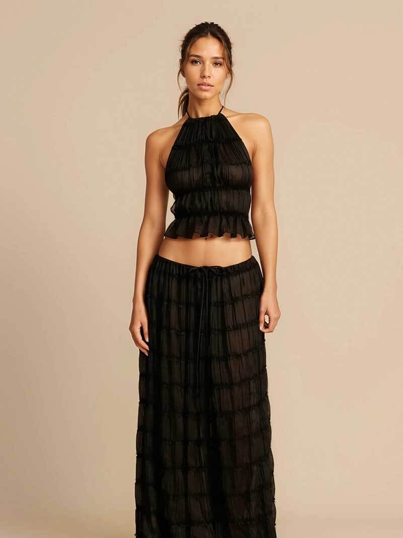 Damen Rückenausschnitt Oberteil und langer Rock Set Stylisch – Élanora