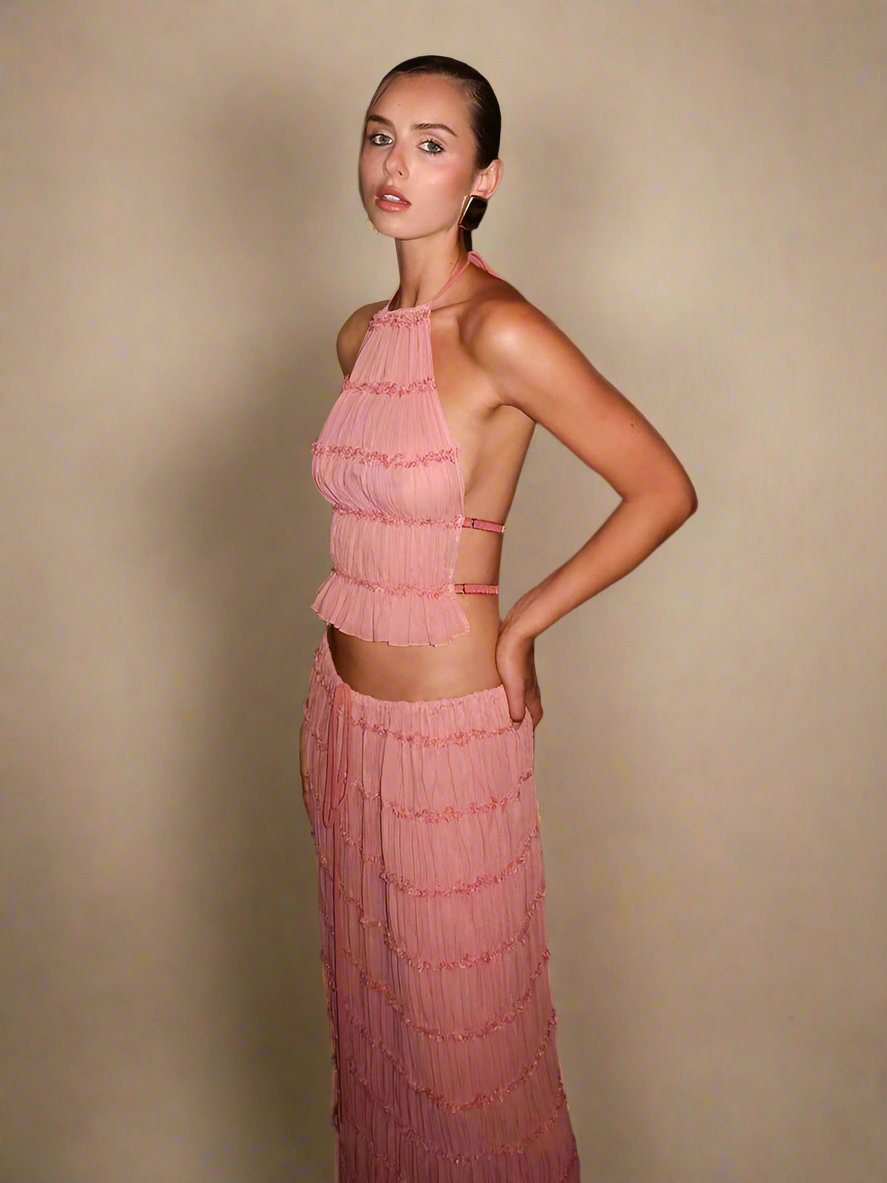 Damen Rückenausschnitt Oberteil und langer Rock Set Stylisch – Élanora