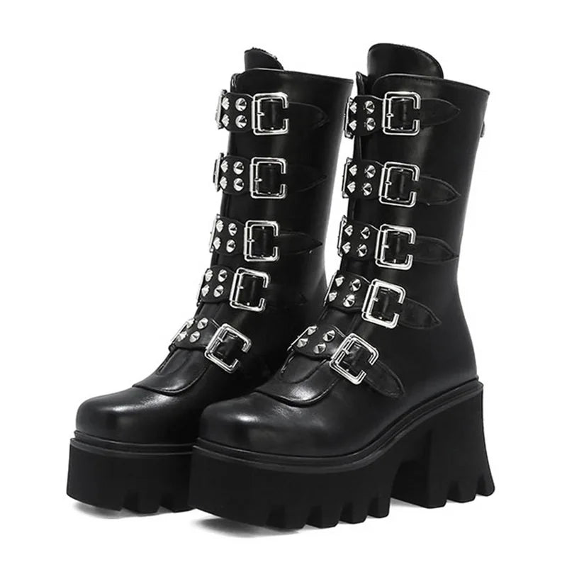 Echoarchiv | Gothic Schuhe Frauen Schwarz Hochstiefel Weiblich Hohe Absatz Frauen Combat Punk Chunky Dame