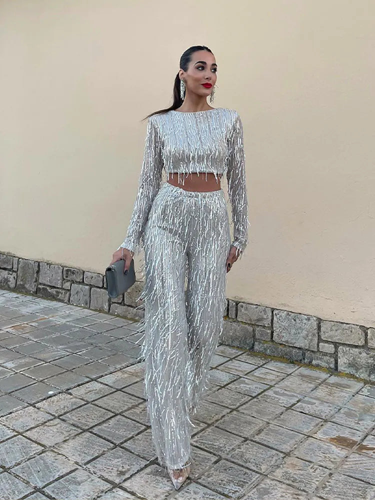 Echoarchiv | Quaste Pailletten Frauen 2 Teilig Set Herbst Silber Licht Seide O-Ausschnitt Crop Tops Breite Bein Hosen Damen Anzug Mode Straße Damen Set
