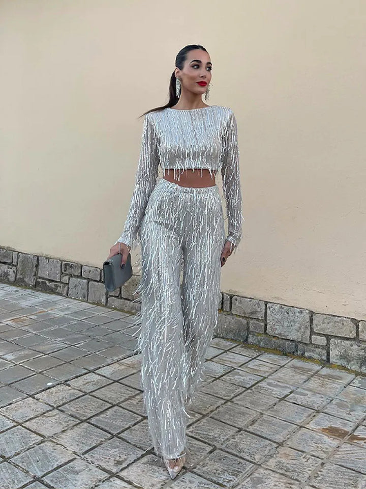 Echoarchiv | Quaste Pailletten Frauen 2 Teilig Set Herbst Silber Licht Seide O-Ausschnitt Crop Tops Breite Bein Hosen Damen Anzug Mode Straße Damen Set