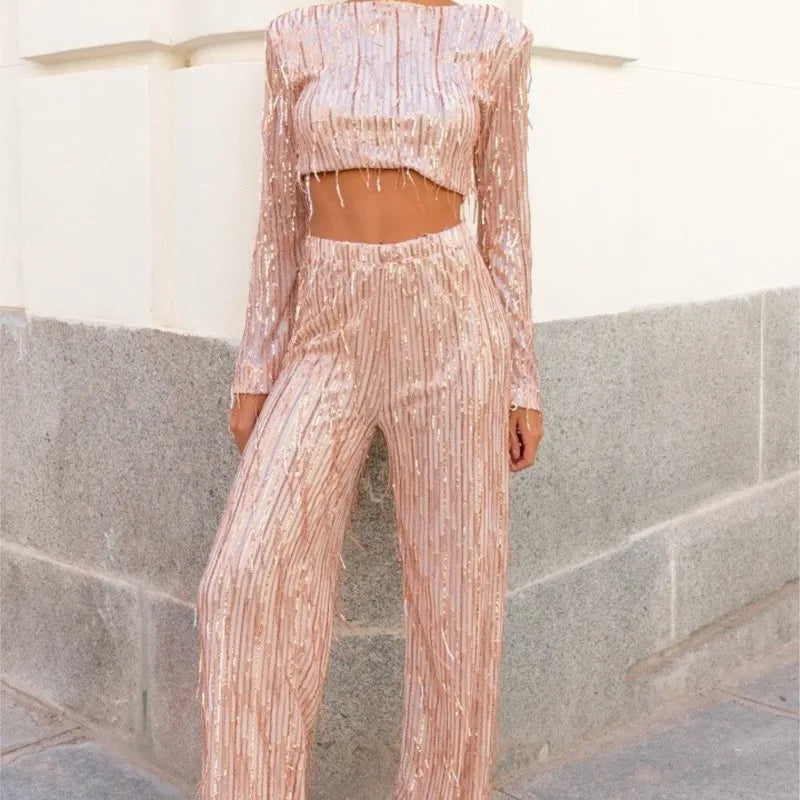 Echoarchiv | Quaste Pailletten Frauen 2 Teilig Set Herbst Silber Licht Seide O-Ausschnitt Crop Tops Breite Bein Hosen Damen Anzug Mode Straße Damen Set