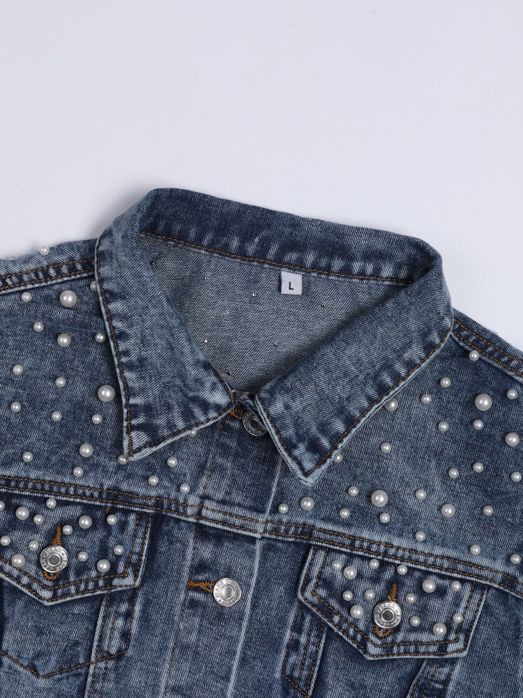Echoarchiv | Exklusive Lina JEchoarchivnsjacke Denim-Liebling mit Stilvoller Perlenverzierung