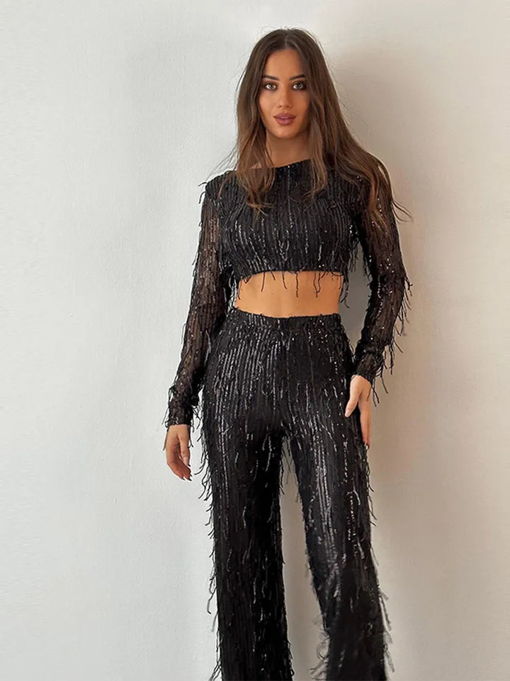 Echoarchiv | Quaste Pailletten Frauen 2 Teilig Set Herbst Silber Licht Seide O-Ausschnitt Crop Tops Breite Bein Hosen Damen Anzug Mode Straße Damen Set