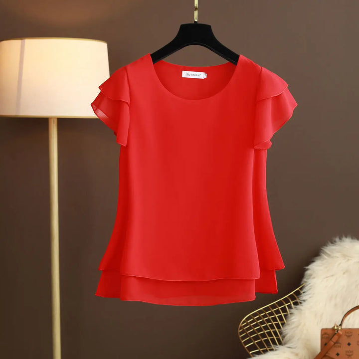 Echoarchiv | Chiffon Bluse mit O-Ausschnitt und Kurzen Ärmeln