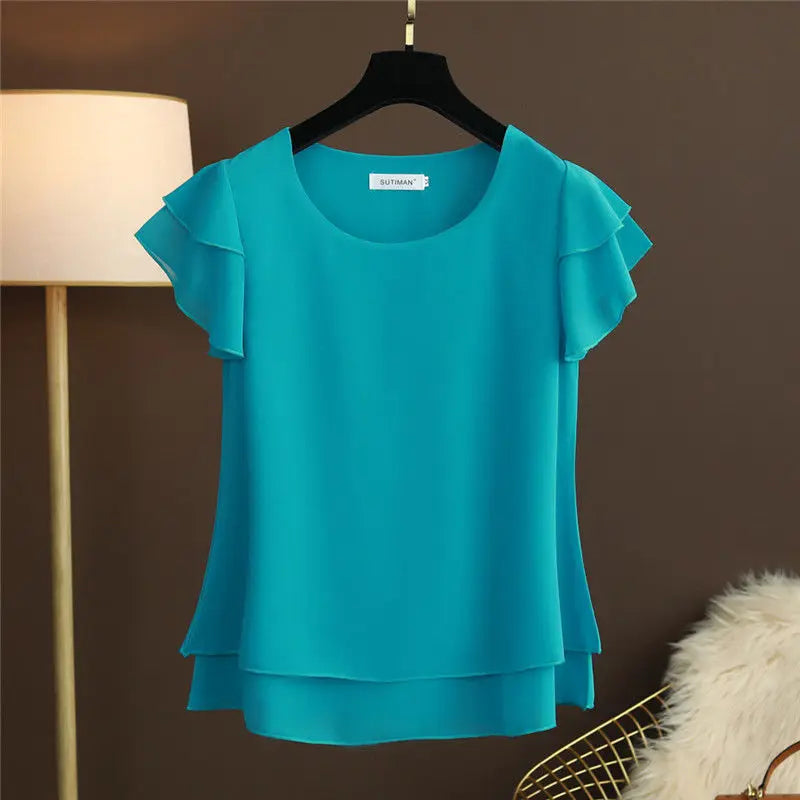 Echoarchiv | Chiffon Bluse mit O-Ausschnitt und Kurzen Ärmeln