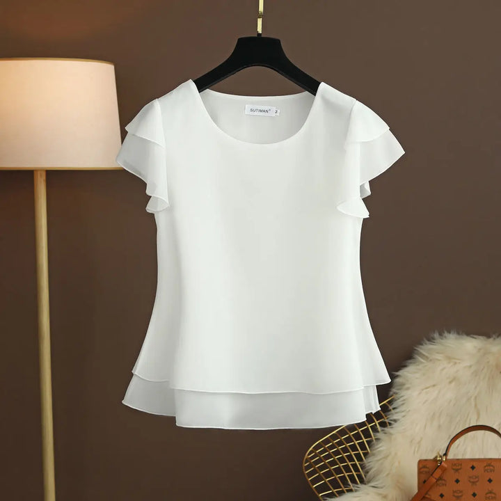 Echoarchiv | Chiffon Bluse mit O-Ausschnitt und Kurzen Ärmeln