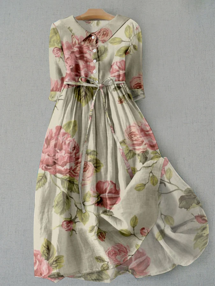 Echoarchiv | Leinenkleid mit Blumenmuster und Knopfleiste für Damen