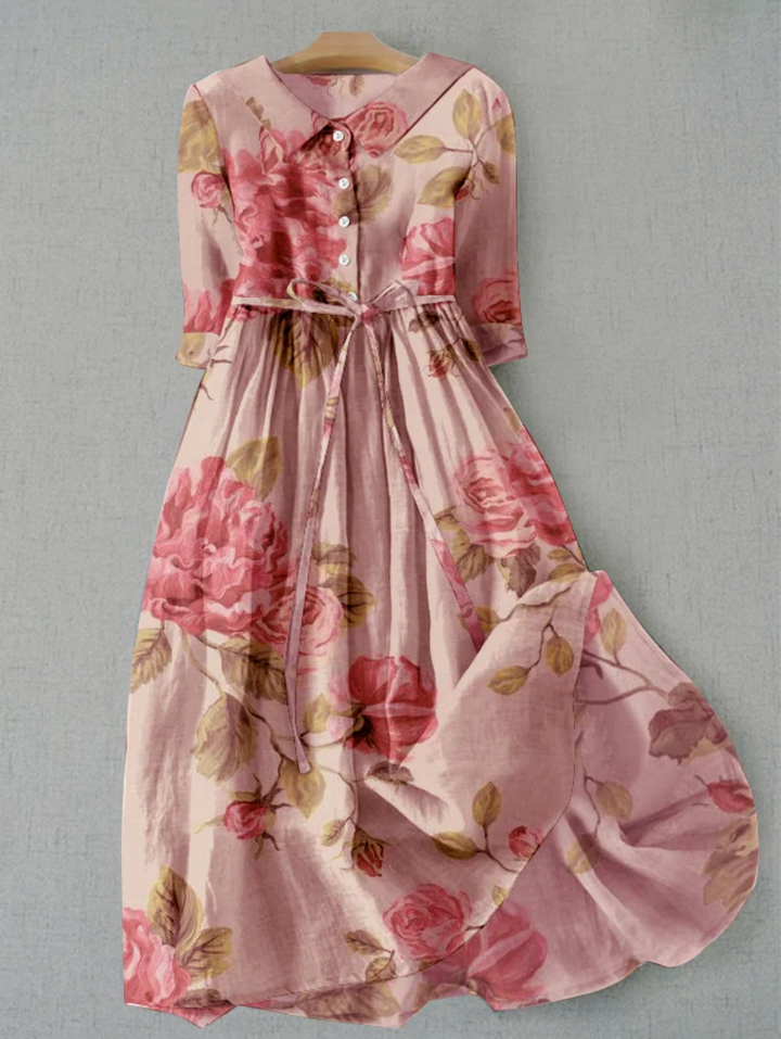 Echoarchiv | Leinenkleid mit Blumenmuster und Knopfleiste für Damen