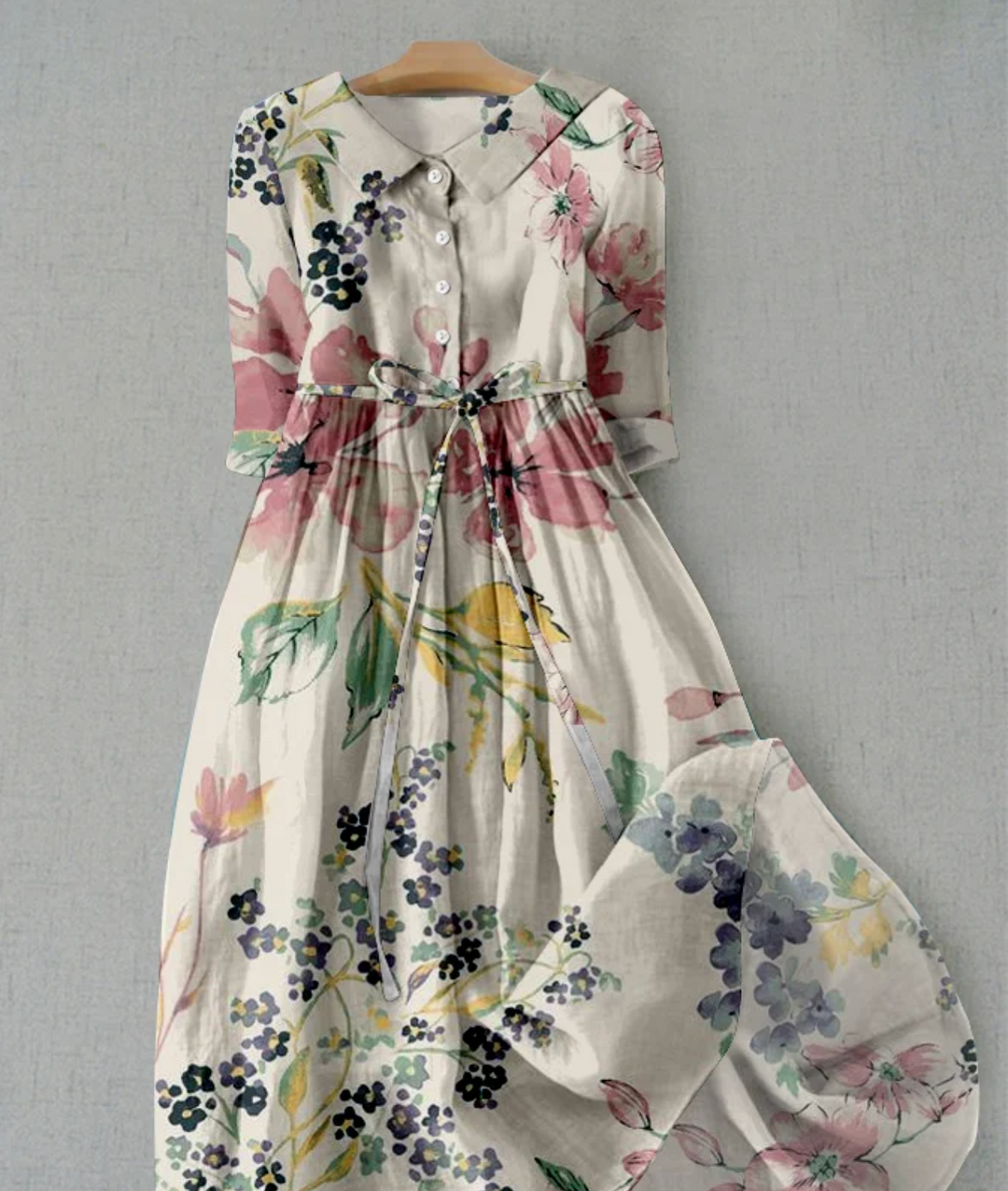 Echoarchiv | Leinenkleid mit Blumenmuster und Knopfleiste für Damen