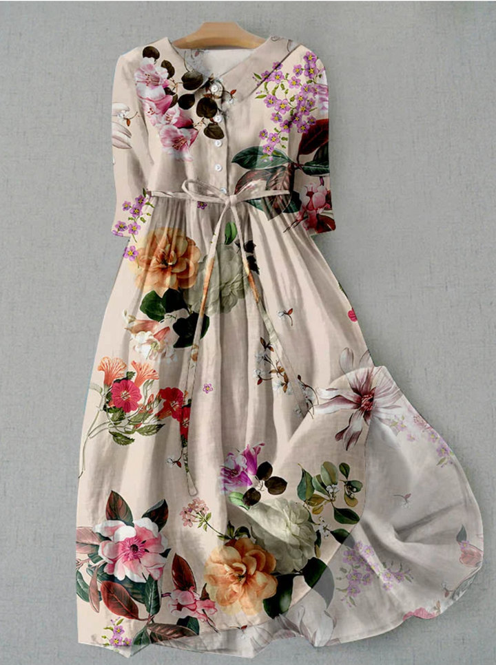 Echoarchiv | Leinenkleid mit Blumenmuster und Knopfleiste für Damen