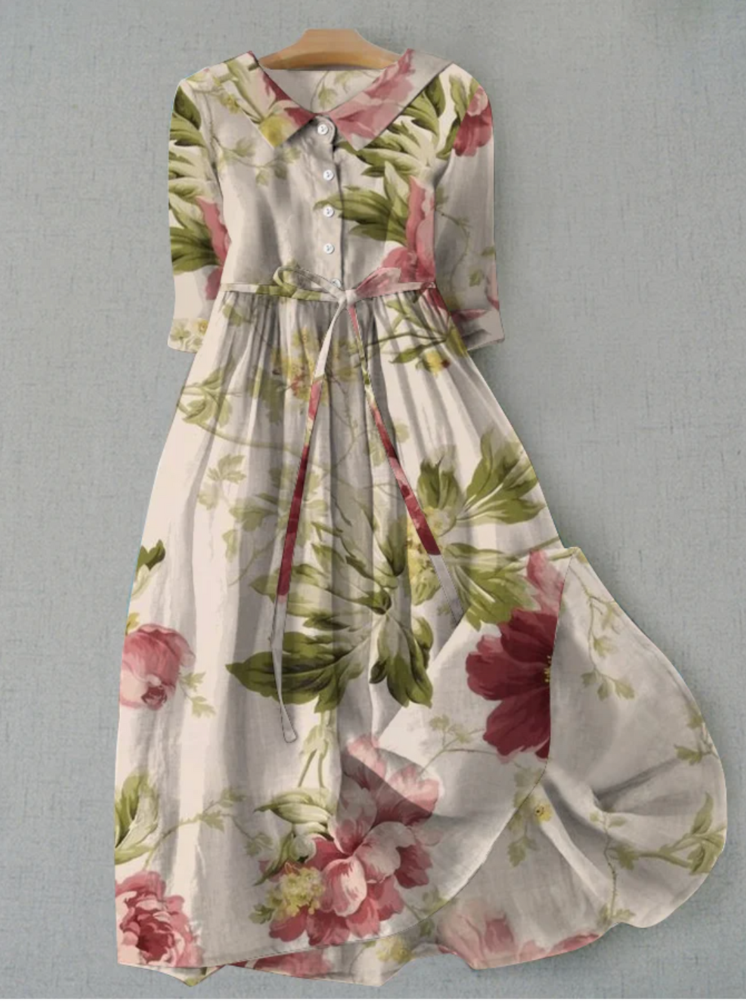 Echoarchiv | Leinenkleid mit Blumenmuster und Knopfleiste für Damen