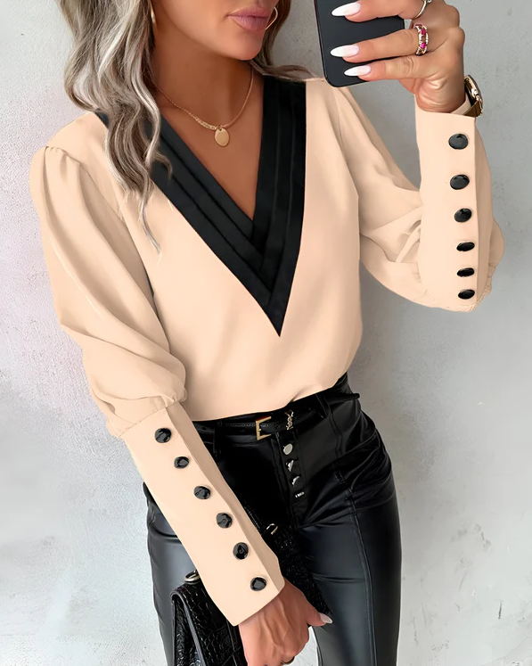 Echoarchiv | Elegante V-Ausschnitt-Bluse Mit Farbblöcken Für Mühelosen Stil