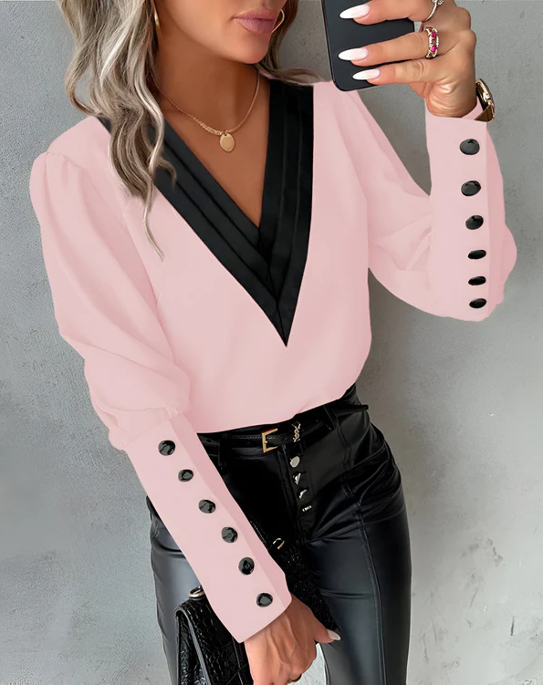 Echoarchiv | Elegante V-Ausschnitt-Bluse Mit Farbblöcken Für Mühelosen Stil