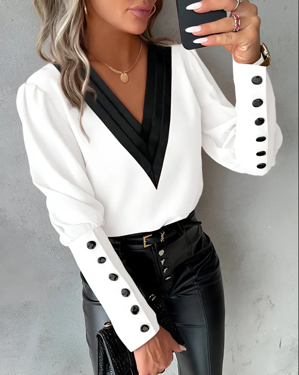 Echoarchiv | Elegante V-Ausschnitt-Bluse Mit Farbblöcken Für Mühelosen Stil