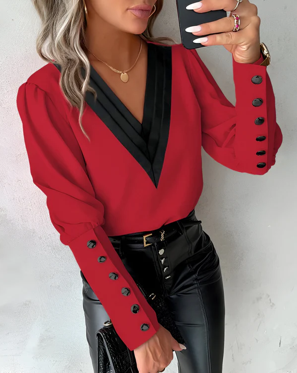Echoarchiv | Elegante V-Ausschnitt-Bluse Mit Farbblöcken Für Mühelosen Stil