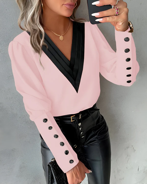 Echoarchiv | Elegante V-Ausschnitt-Bluse Mit Farbblöcken Für Mühelosen Stil