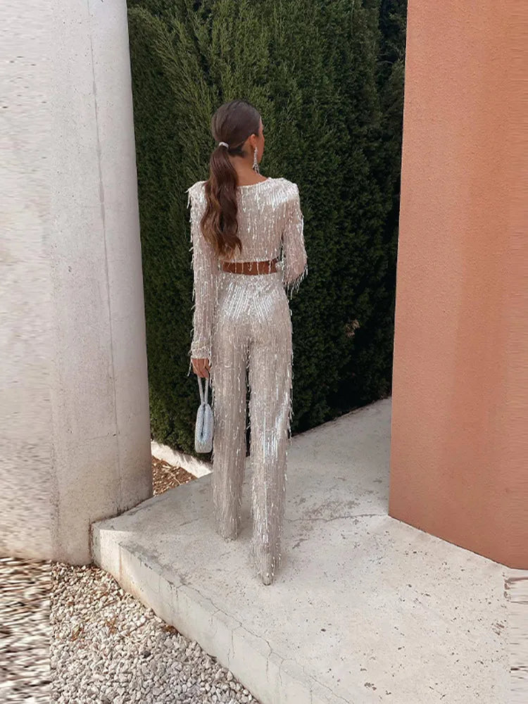 Echoarchiv | Quaste Pailletten Frauen 2 Teilig Set Herbst Silber Licht Seide O-Ausschnitt Crop Tops Breite Bein Hosen Damen Anzug Mode Straße Damen Set