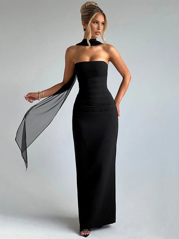 Abendballkleid Strapless Bodenlang Säulensilhouette Halstuchdetail – Élara