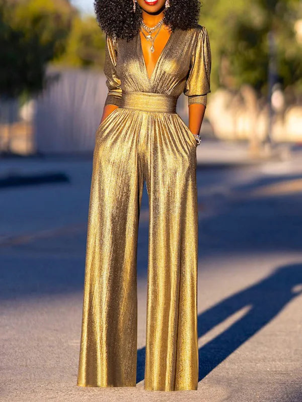 Echoarchiv Damen Jumpsuit mit V-Ausschnitt und Metallic-Optik