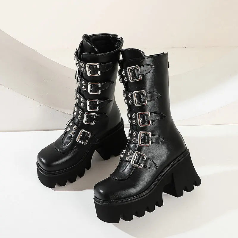 Echoarchiv | Gothic Schuhe Frauen Schwarz Hochstiefel Weiblich Hohe Absatz Frauen Combat Punk Chunky Dame