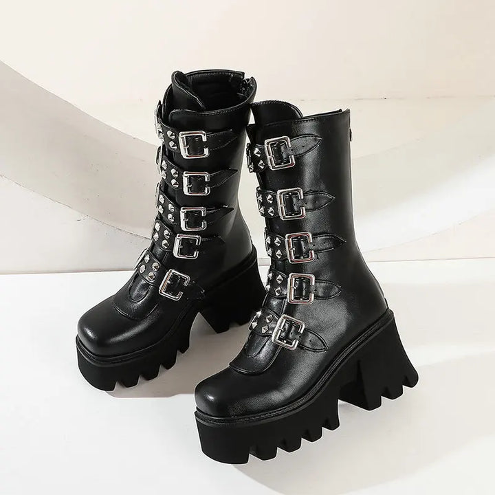 Echoarchiv | Gothic Schuhe Frauen Schwarz Hochstiefel Weiblich Hohe Absatz Frauen Combat Punk Chunky Dame