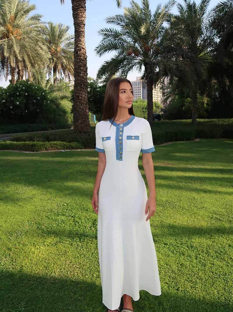 Echoarchiv | Maxi-Kleid - Dekorative Strick mit Fransen-Denim-Einsatz