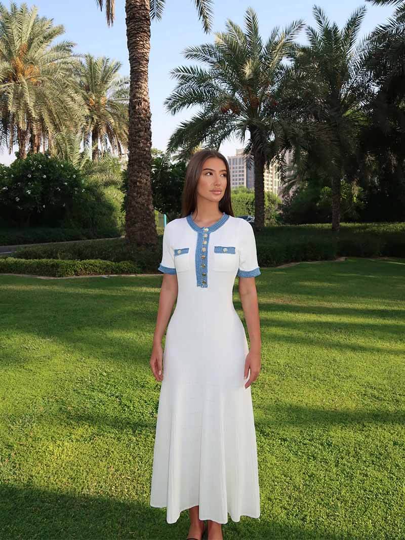 Echoarchiv | Maxi-Kleid - Dekorative Strick mit Fransen-Denim-Einsatz