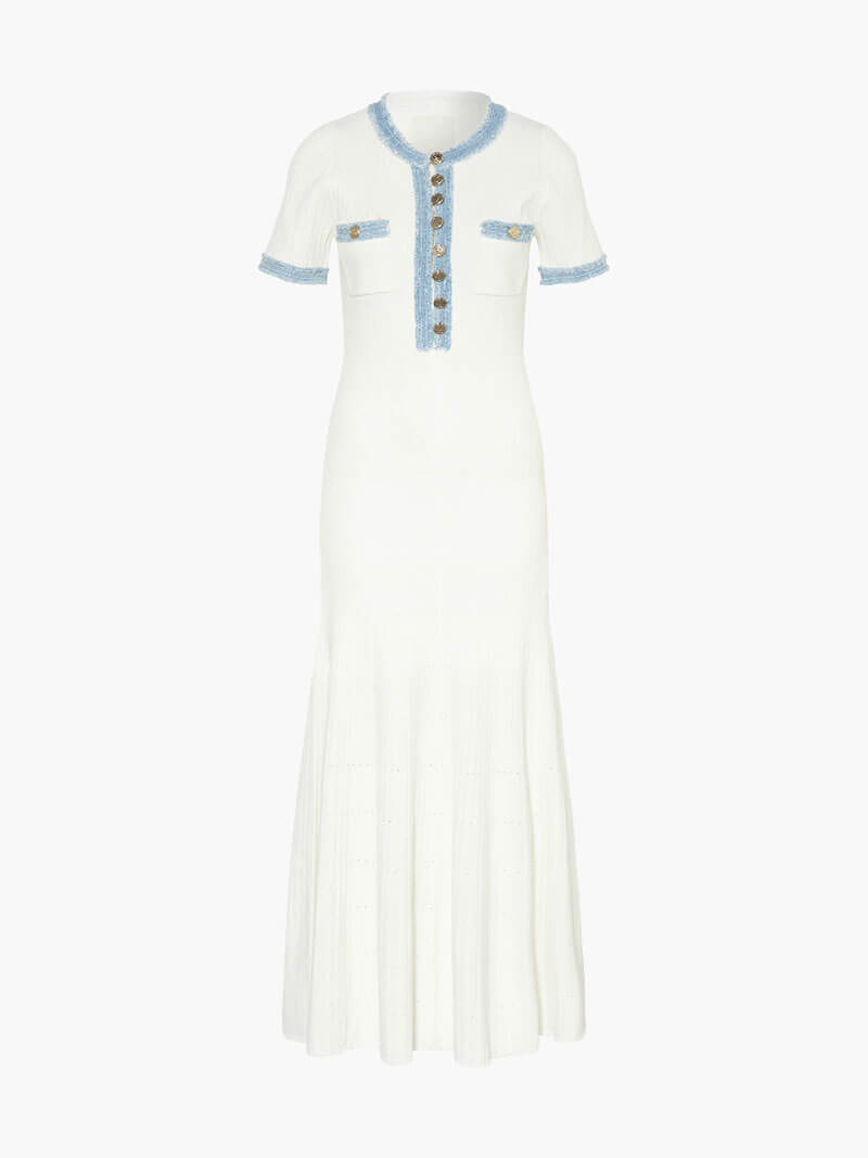 Echoarchiv | Maxi-Kleid - Dekorative Strick mit Fransen-Denim-Einsatz