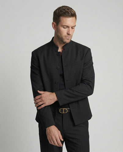 Stilvolle schwarze Herren Kurzjacke mit Stehkragen im Echoarchivrnen ClEchoarchivnfit Look