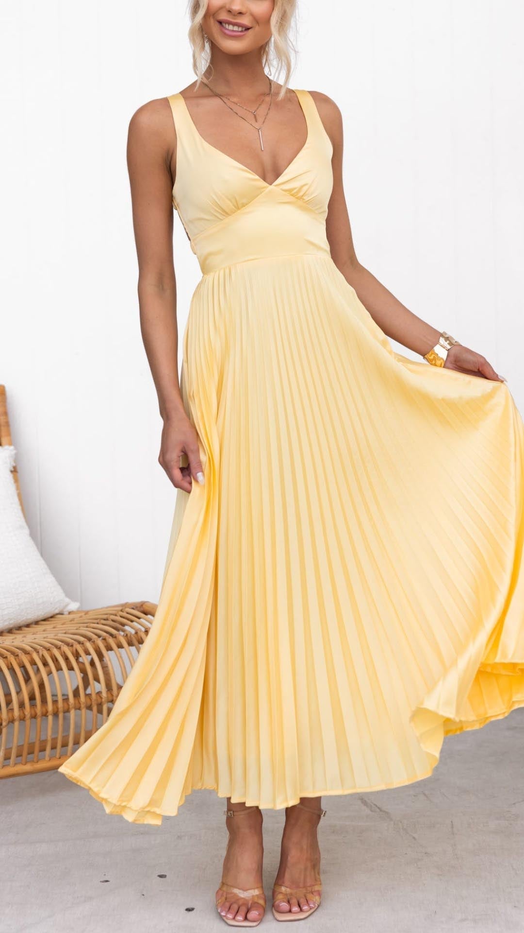 Echoarchiv | Gelb Plissiertes V-Ausschnitt Maxi Kleid