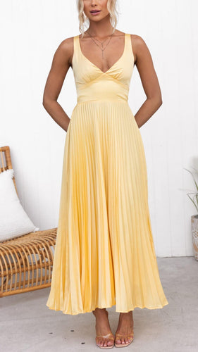 Echoarchiv | Gelb Plissiertes V-Ausschnitt Maxi Kleid