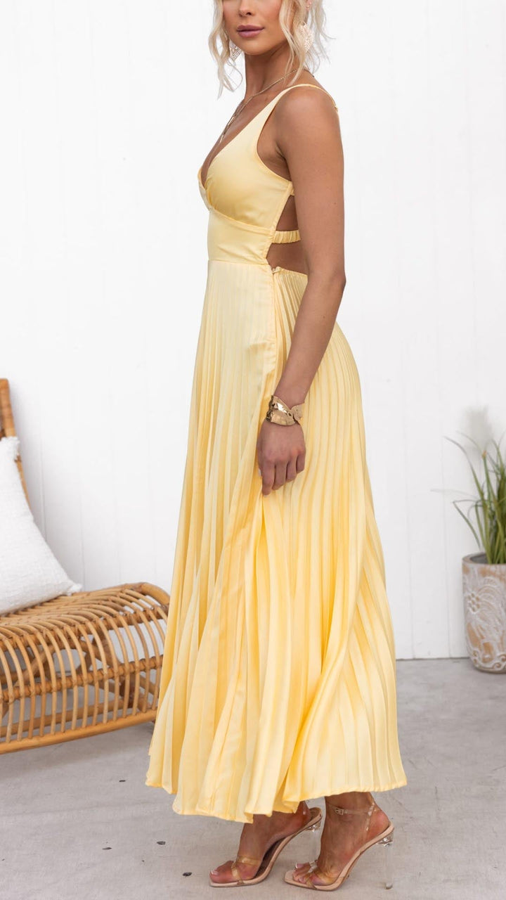 Echoarchiv | Gelb Plissiertes V-Ausschnitt Maxi Kleid