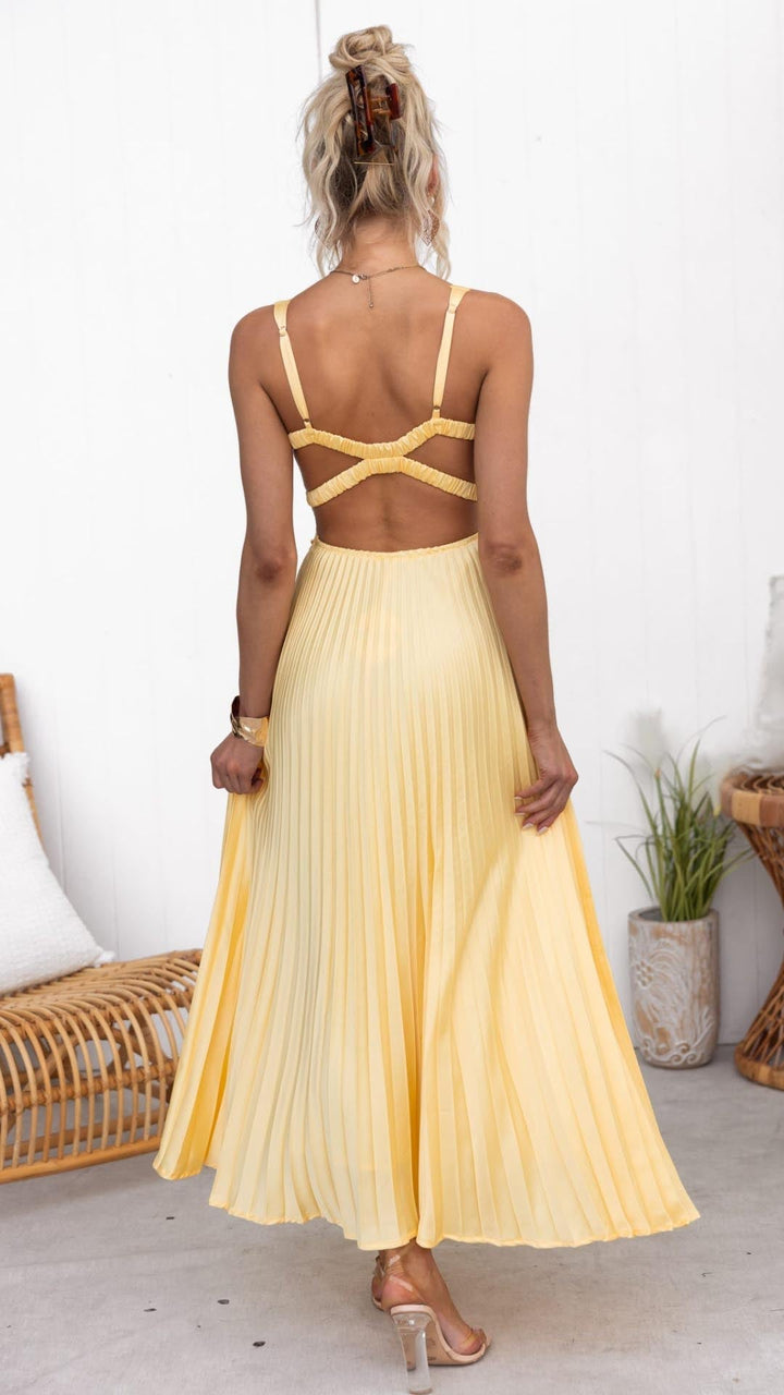 Echoarchiv | Gelb Plissiertes V-Ausschnitt Maxi Kleid
