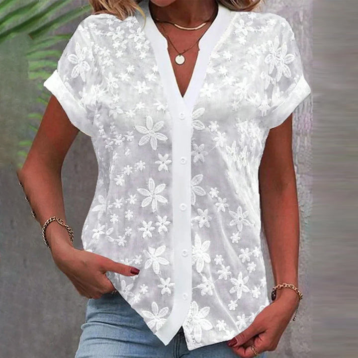 Echoarchiv | Kurzärmlige Blumenbluse mit V-Ausschnitt