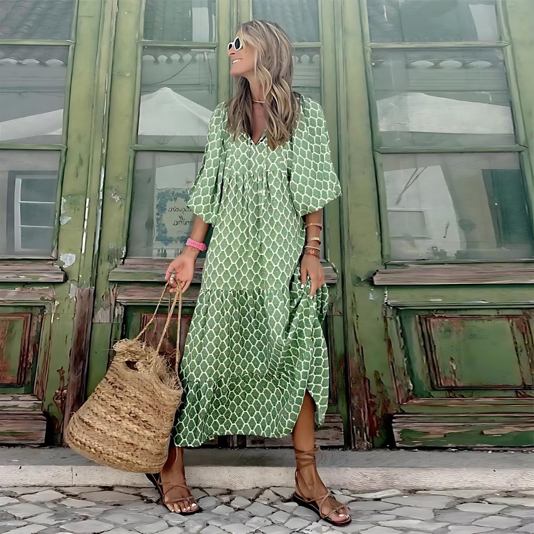 Damenkleid für den Sommer mit V-Ausschnitt und Kurzarm – Lunéa