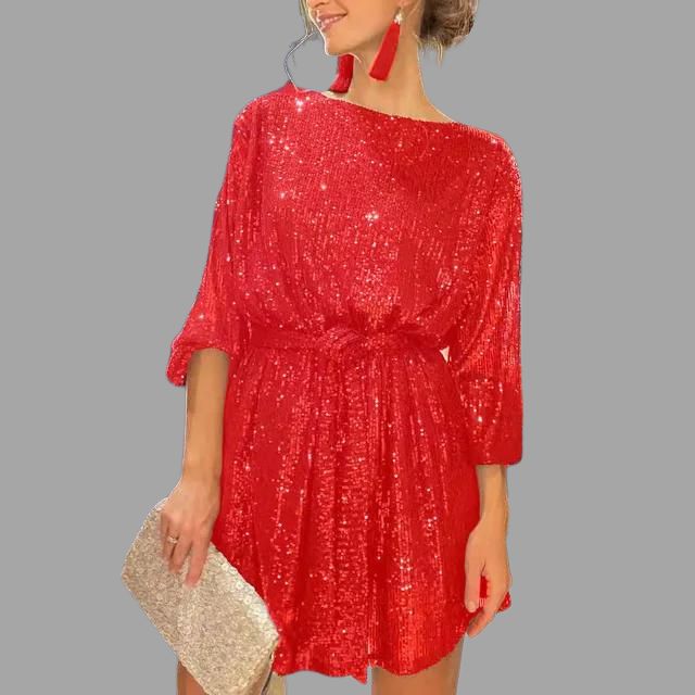 Pailletten-Minikleid mit plissierter Taille und weiten Ärmeln