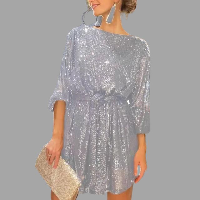 Pailletten-Minikleid mit plissierter Taille und weiten Ärmeln