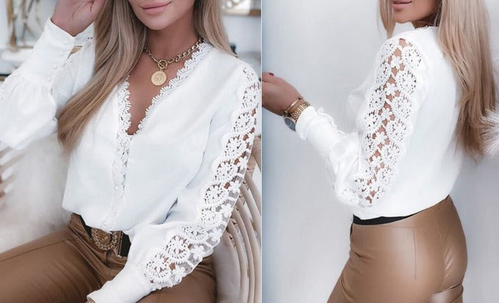 Echoarchiv | Elegante Top Mit Spitzenärmel Und V-Ausschnitt