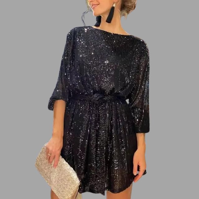 Pailletten-Minikleid mit plissierter Taille und weiten Ärmeln