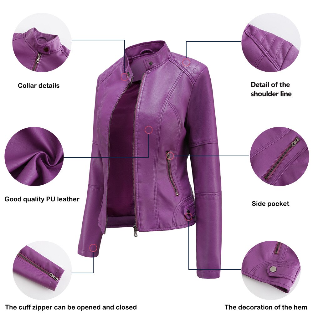 Gezeigt wird eine violette Lederjacke mit Details wie Farbmustern, Nähten und einer Seitentasche für mehr Stil.