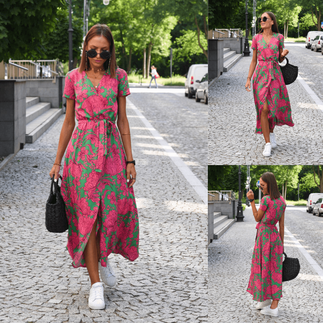 Echoarchiv | Kurzarm V-Ausschnitt Sommerkleid Maxikleid