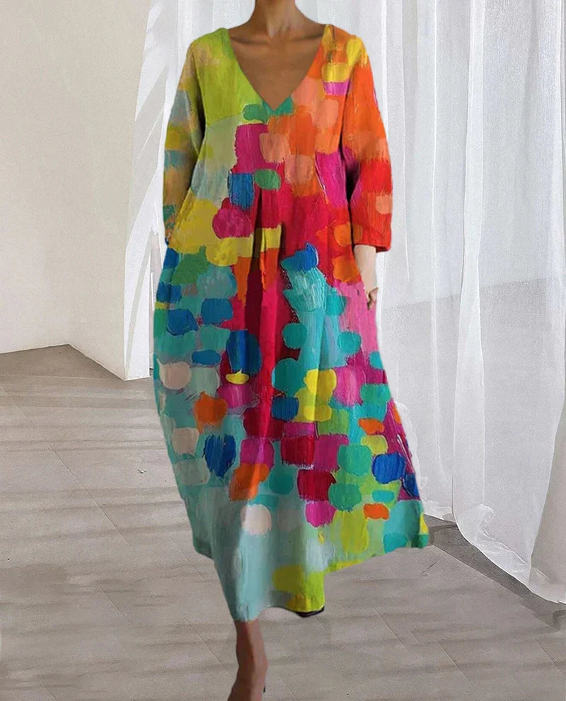 Echoarchiv | Bunt Bedrucktes Kleid Mit V-Ausschnitt