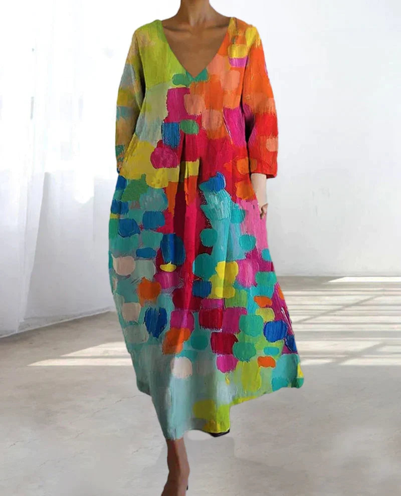 Echoarchiv | Bunt Bedrucktes Kleid Mit V-Ausschnitt