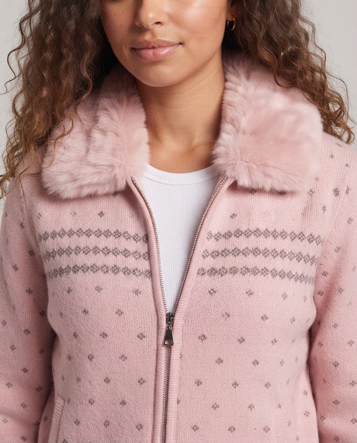 Damen gestrickte Kapuzenjacke mit Kunstpelzbesatz und Reißverschluss Echo Archiv