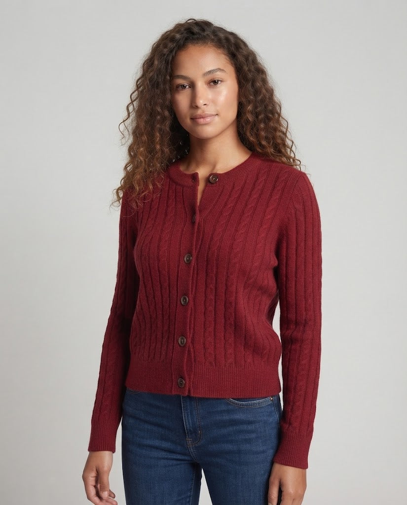 Damen Kurzgeschnittener Zopfmuster-Cardigan mit Kordelzug und Hornknopfleiste Echoarchiv