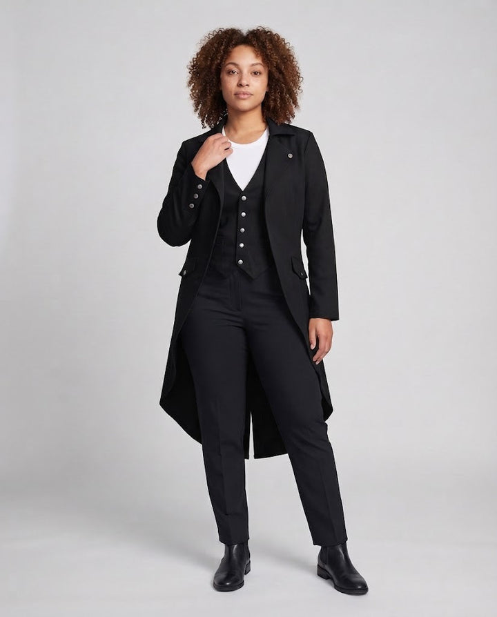 Damen Langmantel mit asymmetrischem Schnitt und aufwändigen Knopfdetails Echo Archiv