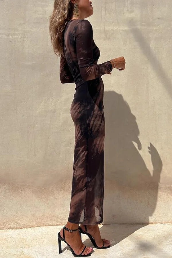 Echoarchiv | Charm Lady Mesh Overlay Tie Dye Print Langarm Rüsch Stretch Midi Kleid